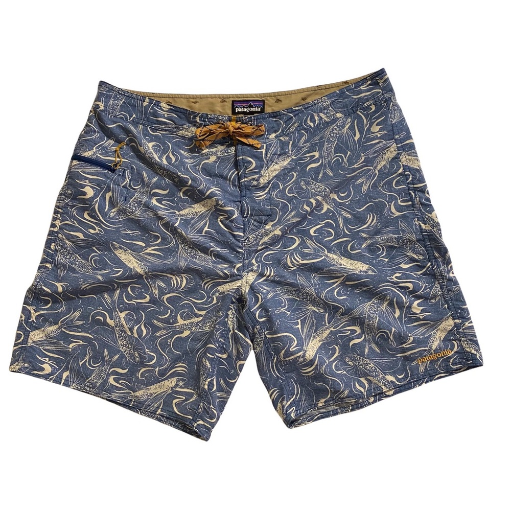 Patagonia Men's Blue and Tan Swim Board Shorts